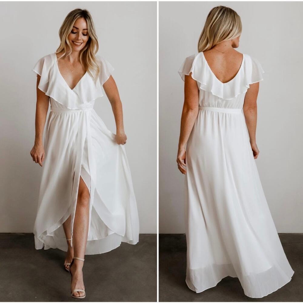 Baltic Born Katya White Ruffle Maxi Dress Chiffon Bridal Size Small
